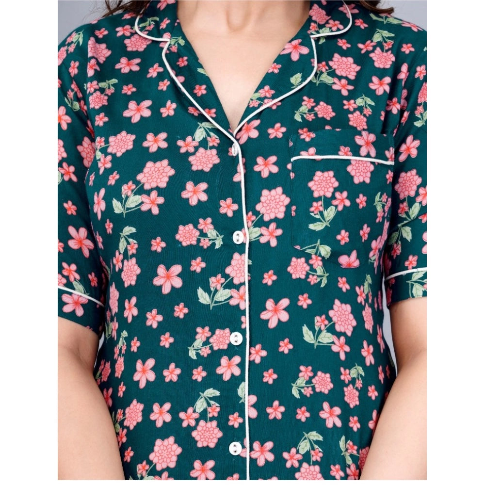 Teal printed viscose rayon half-sleeve shirt with pyjama pant night suit set on mannequin