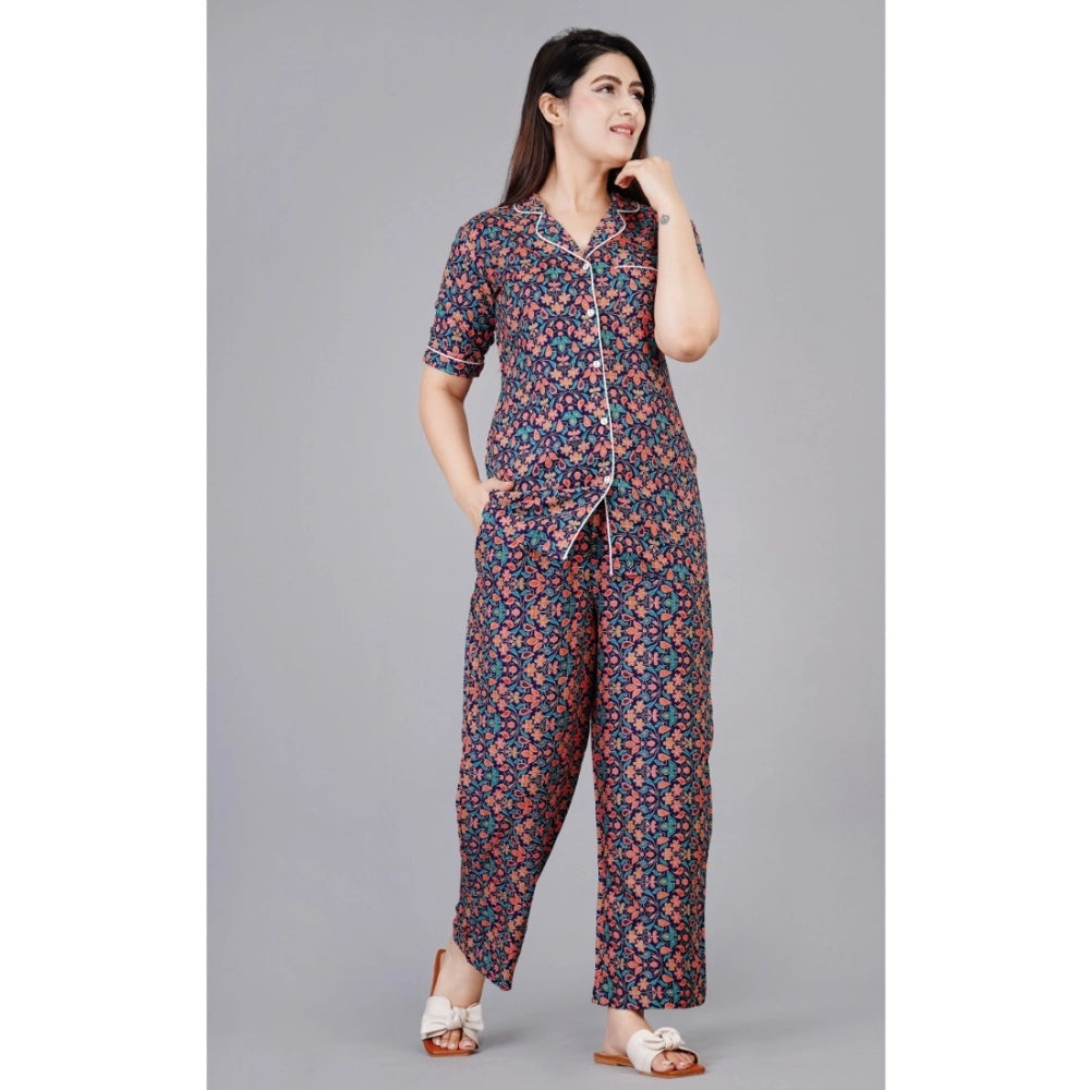 Blue viscose rayon printed half-sleeve shirt with pyjama pant night suit set, notch collar style on model