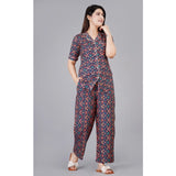 Blue viscose rayon printed half-sleeve shirt with pyjama pant night suit set, notch collar style on model