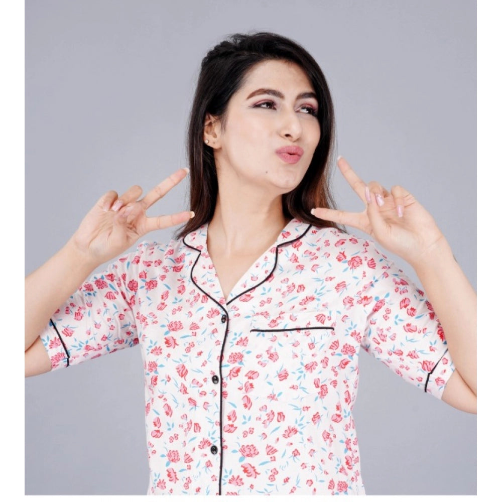 Baby Pink Viscose Rayon Printed Night Suit Set - Women's casual half sleeve shirt with pyjama pants on display stand