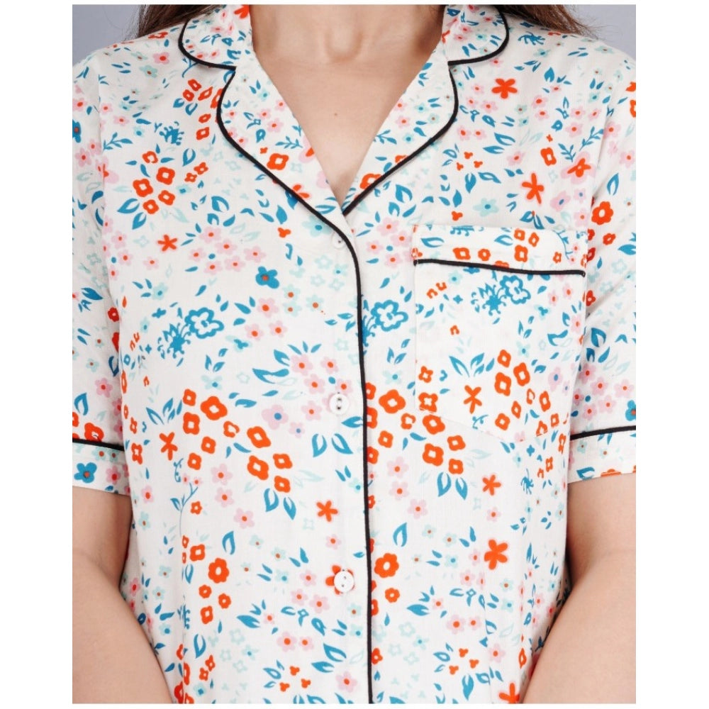 White viscose rayon printed half-sleeve shirt with pyjama pant night suit set, notch collar style for women on hanger