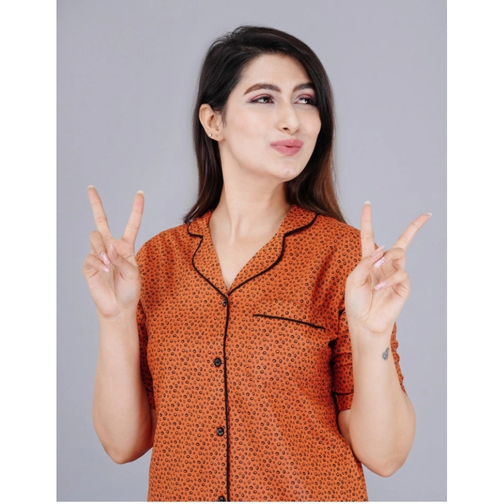 Brown printed viscose rayon casual half-sleeve shirt with pyjama pant night suit set, notch collar style