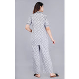 Grey Viscose Rayon women's casual half sleeve printed night shirt with pyjama pants set - intricate pattern design on display