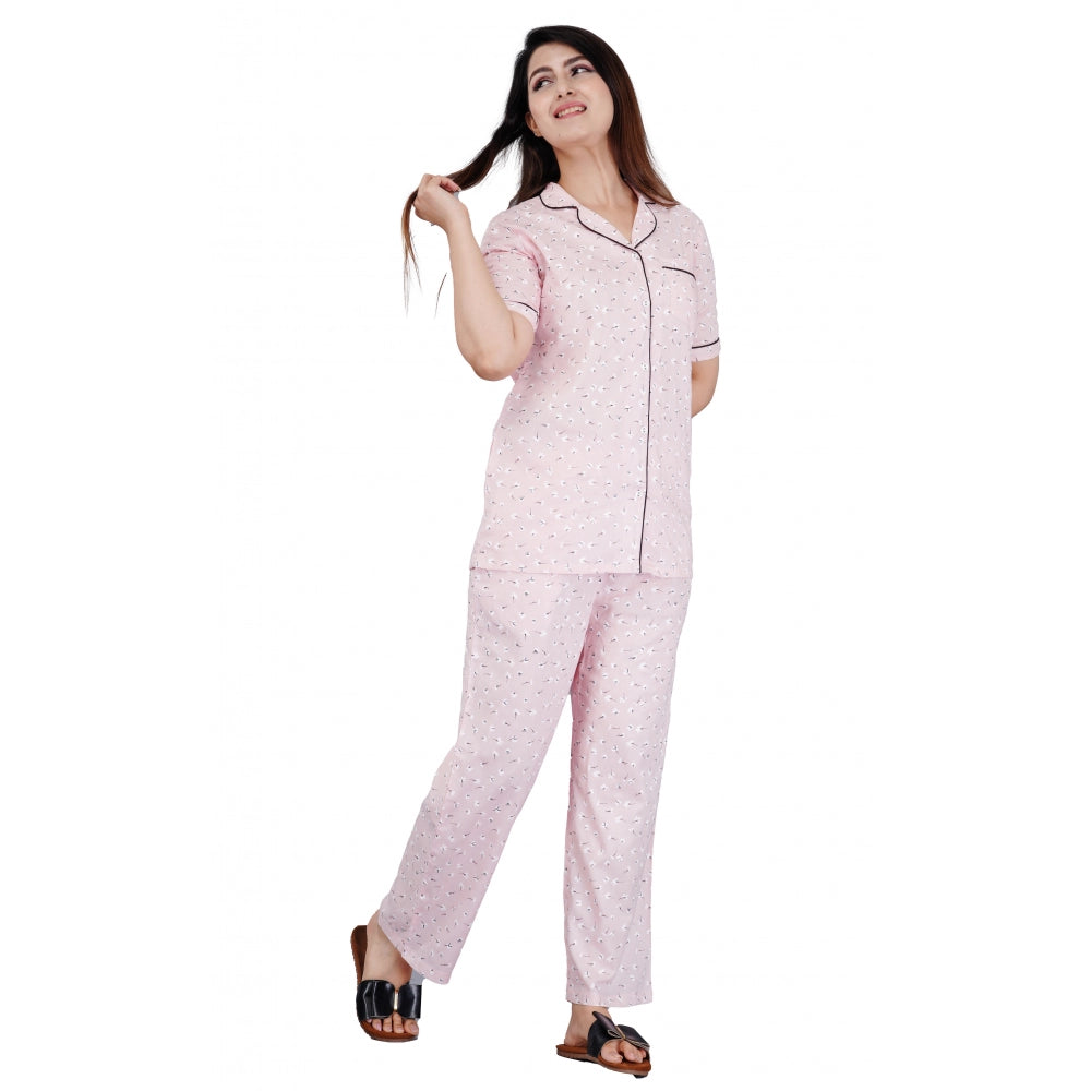 Pink viscose rayon printed shirt & pyjama pant night suit set - women's casual half-sleeve notch collar design