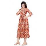 Brown floral print viscose maternity feeding kurti with round neck and 3/4 sleeves