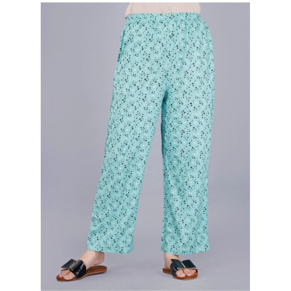 Green viscose rayon women's casual half sleeve printed shirt with pyjama pant night suit set, notch collar and half sleeves