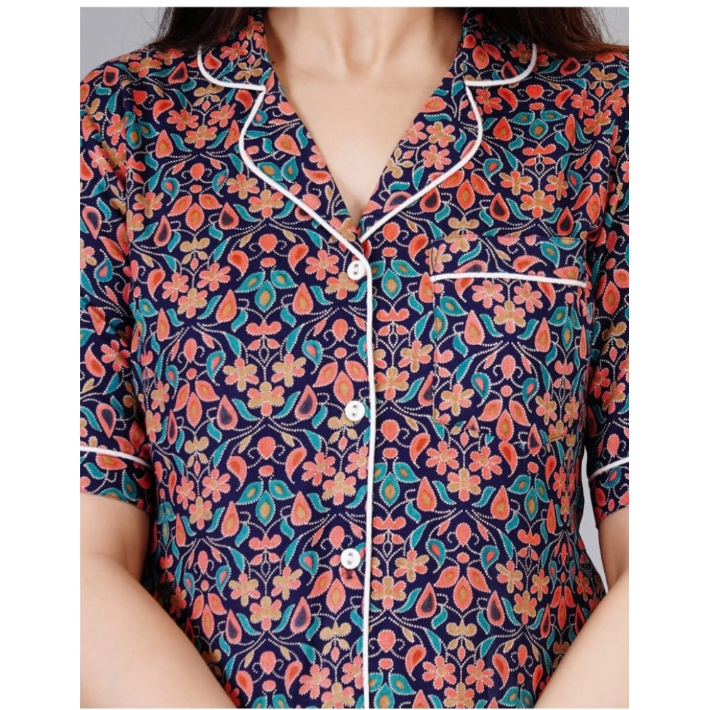 Blue viscose rayon printed nightshirt with matching pyjama pant set, half sleeve, notch collar
