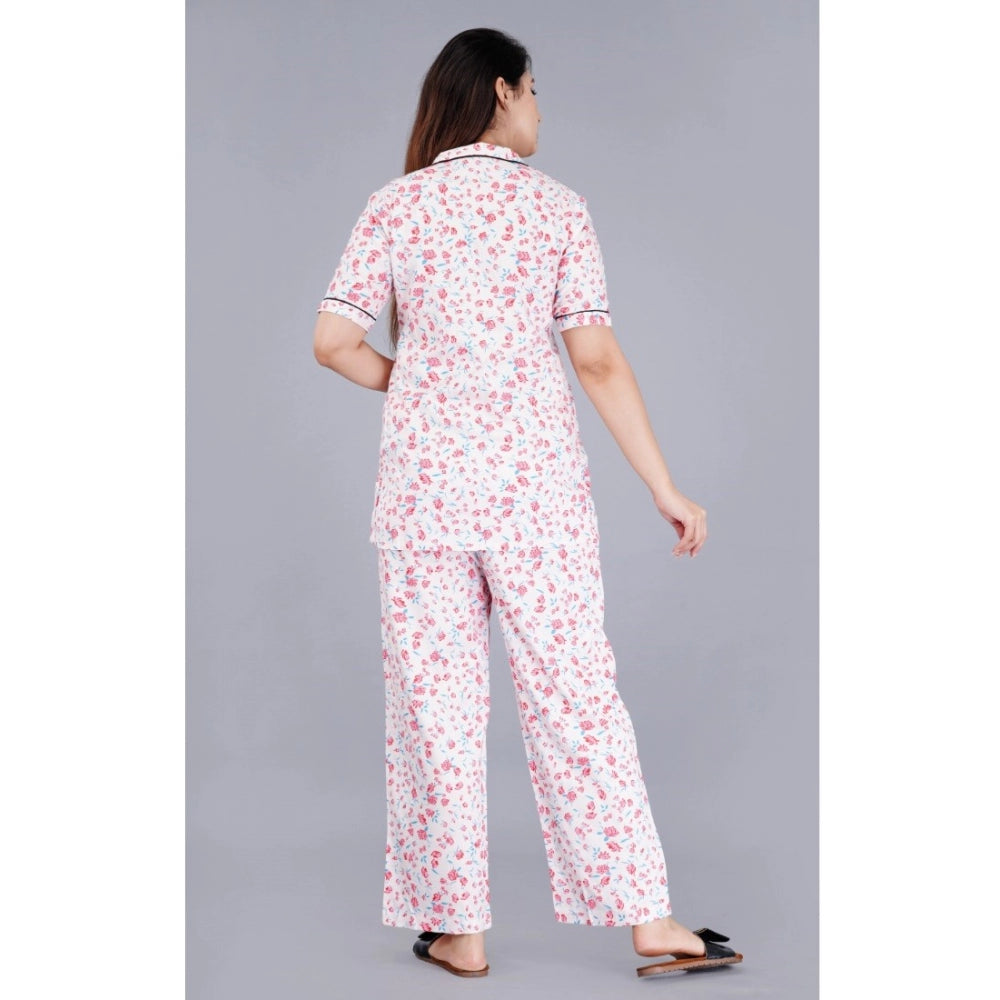 Baby Pink Viscose Rayon half-sleeve printed shirt & pyjama pant night suit set on hanger