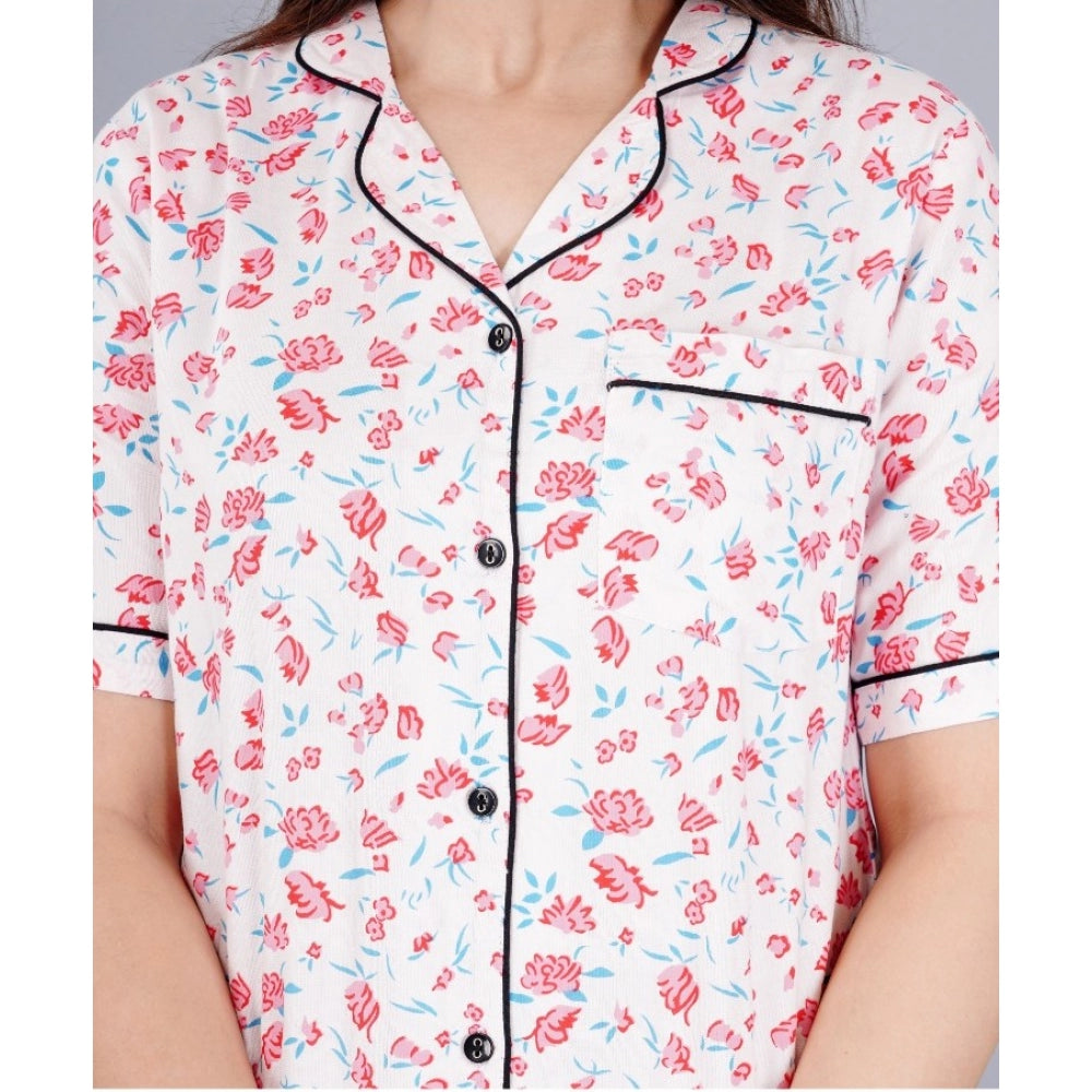 Baby Pink Viscose Rayon Printed Night Suit Set - Casual half sleeve shirt with pyjama pants for women