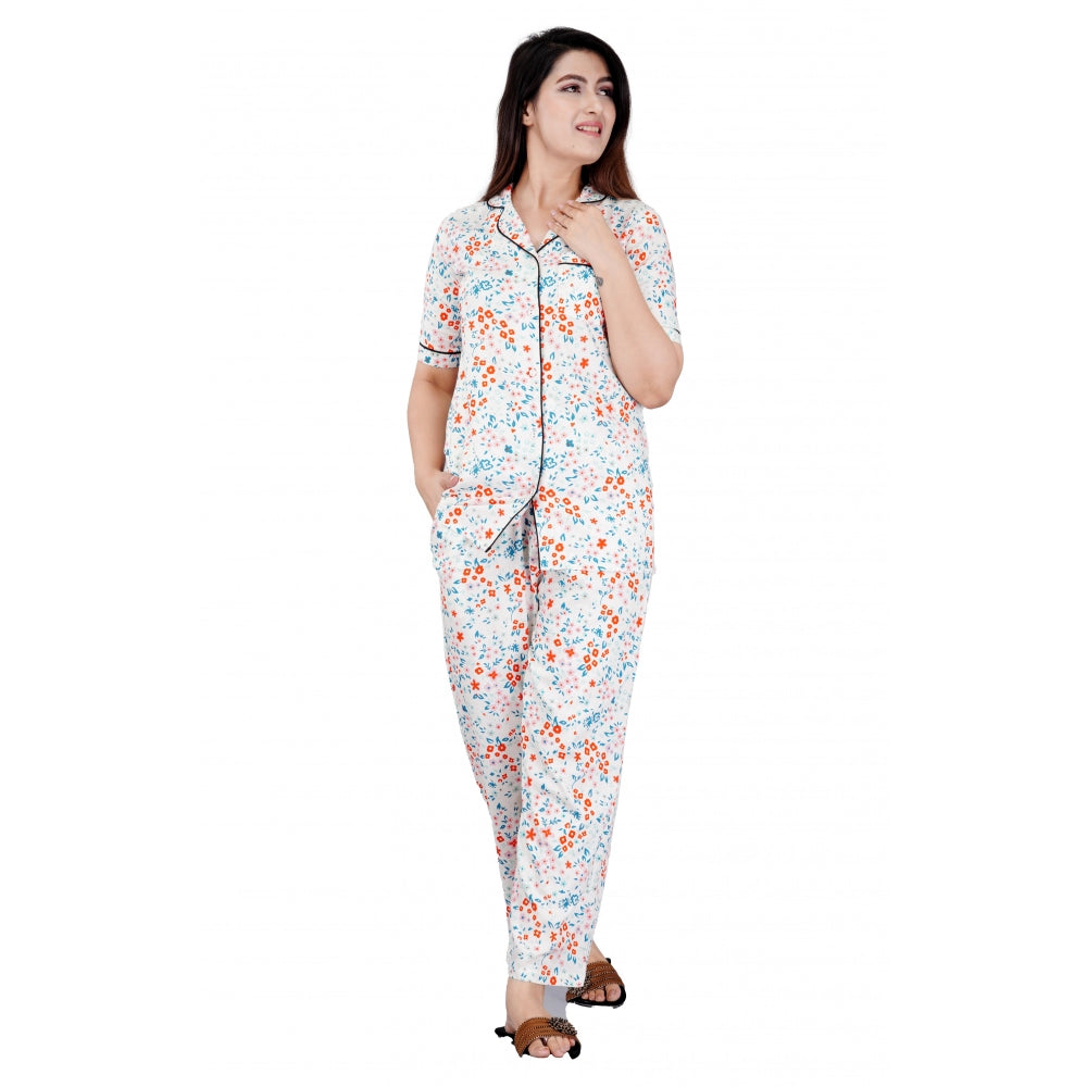 White viscose rayon printed half-sleeve shirt with pyjama pant night suit set, notch collar style