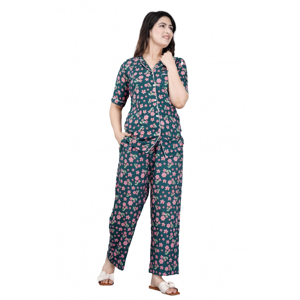 Teal printed viscose rayon women's half sleeve shirt with pyjama pant night suit set, notch collar and half sleeve length