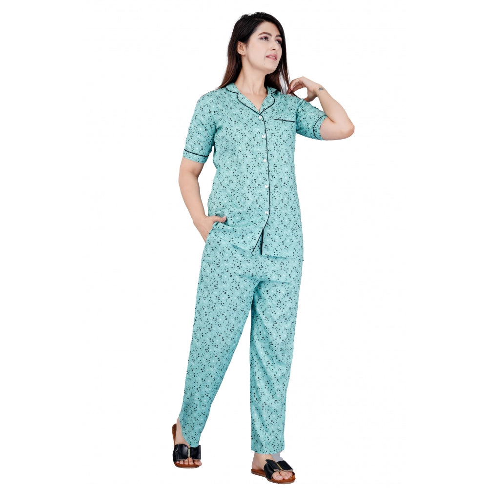 Green viscose rayon casual shirt set with pyjama pants, printed design on notch collar half-sleeve tops