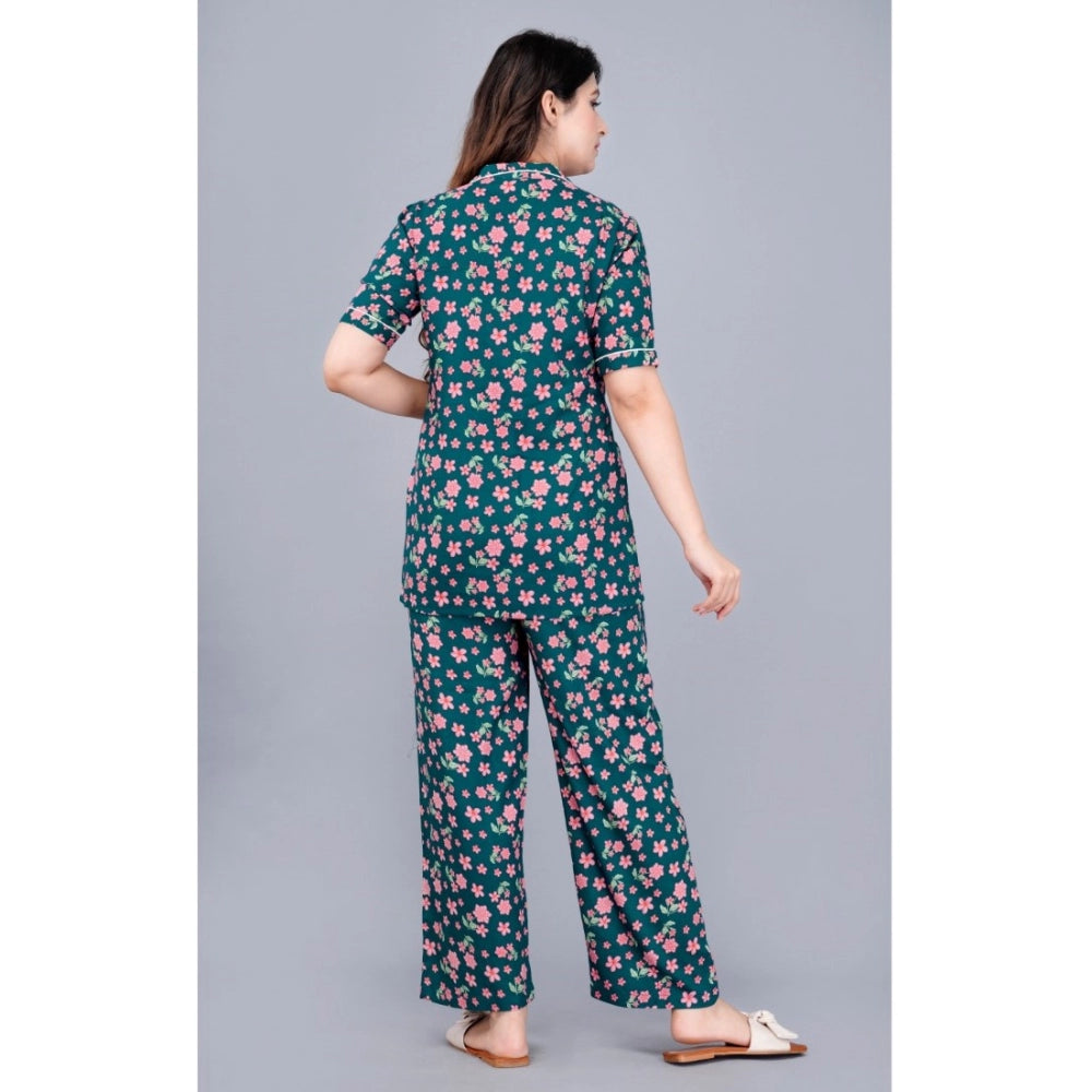 Teal viscose rayon women's casual half-sleeve printed shirt with pyjama pant night suit set