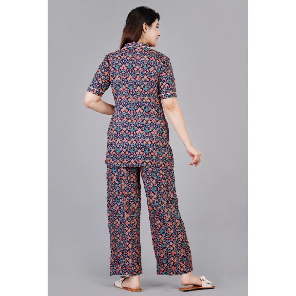 Blue viscose rayon printed half-sleeve shirt with pyjama pant night suit set, notch collar style on display rack
