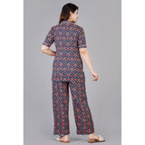 Blue viscose rayon printed half-sleeve shirt with pyjama pant night suit set, notch collar style on display rack