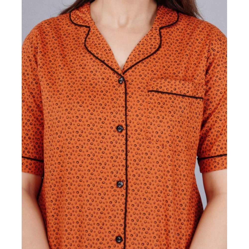 Brown viscose rayon printed half-sleeve shirt with pyjama pant night suit set on hanging rack