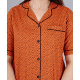 Brown viscose rayon printed half-sleeve shirt with pyjama pant night suit set on hanging rack