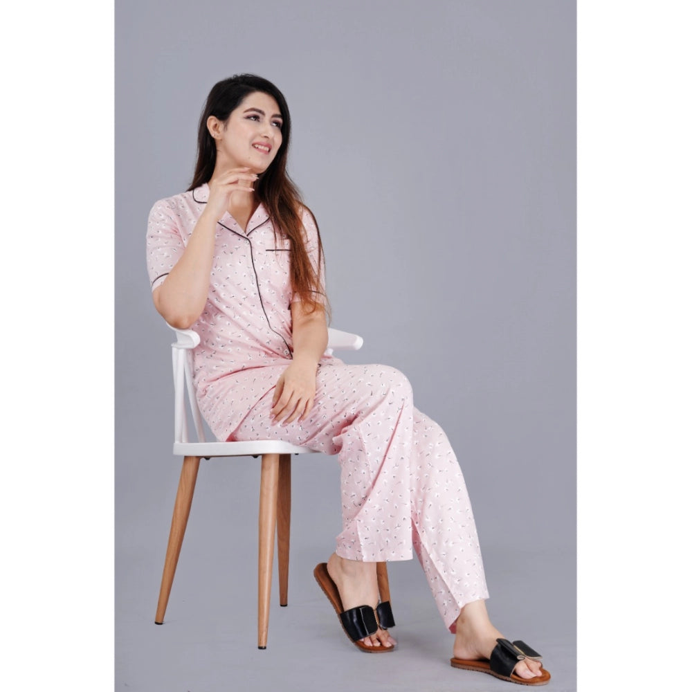 Pink viscose rayon shirt set with pyjama pants, printed half sleeve casual nightwear for women