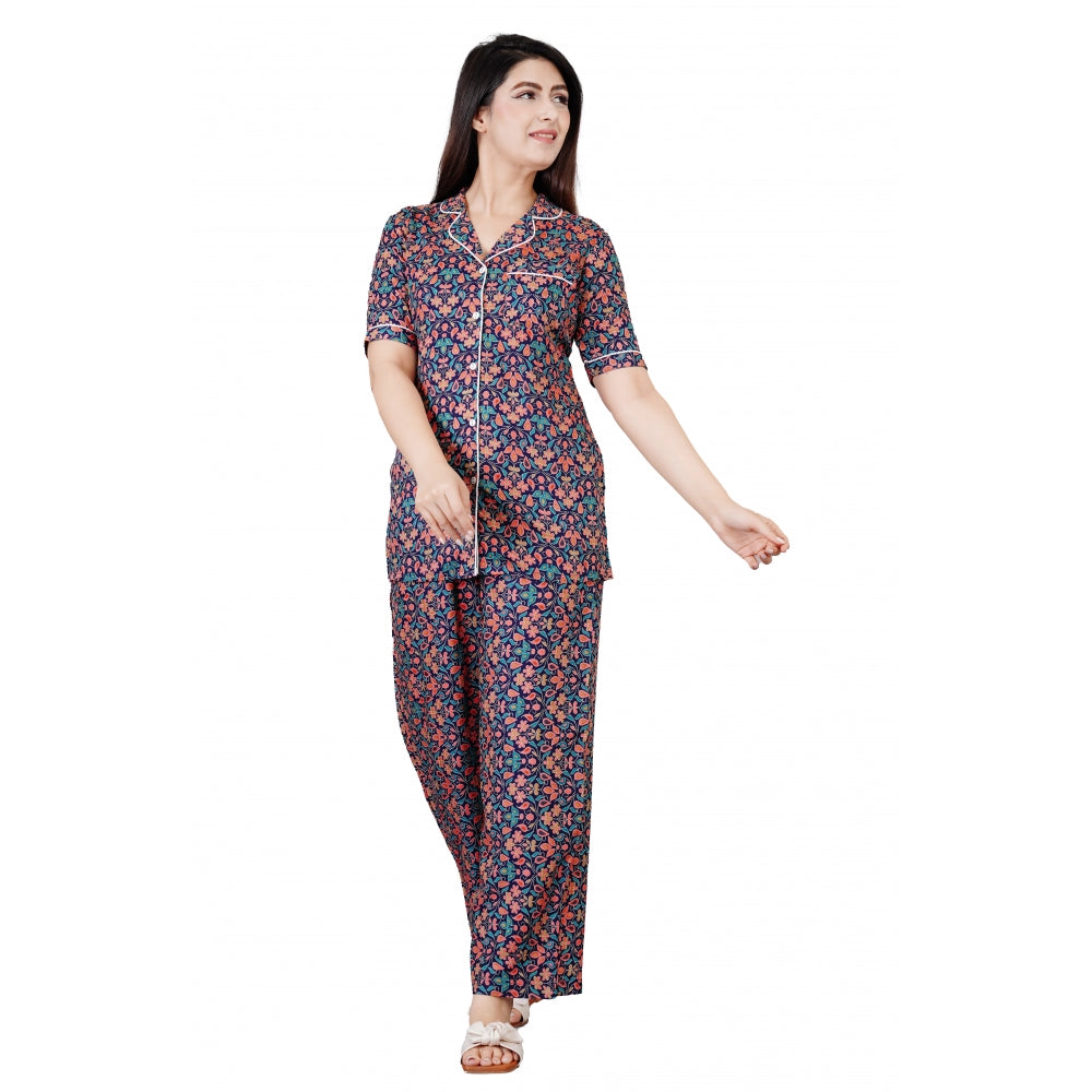 Blue viscose rayon printed half-sleeve shirt with pyjama pant night suit set - women's casual wear, notch collar design