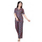 Blue viscose rayon printed half-sleeve shirt with pyjama pant night suit set - women's casual wear, notch collar design