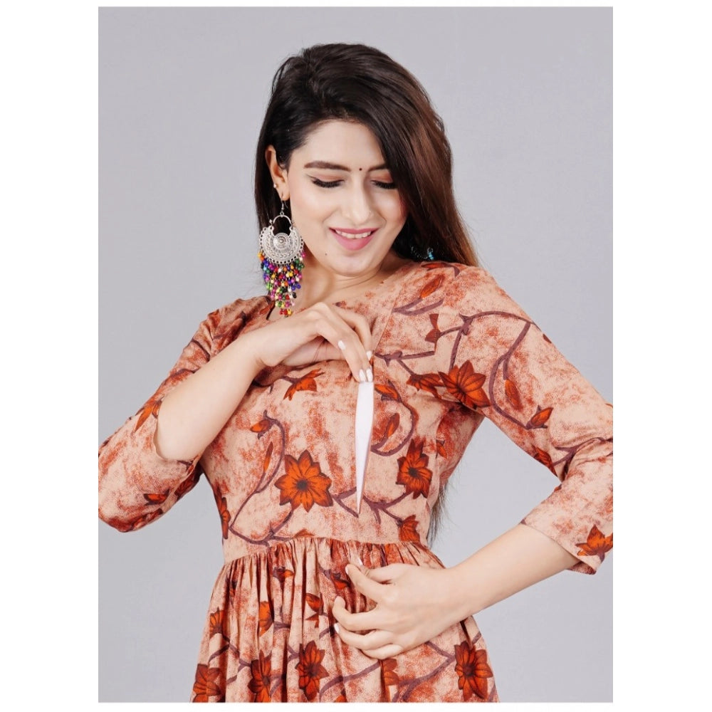 Brown floral print viscose maternity feeding kurti for women's casual 3/4 sleeve fashion