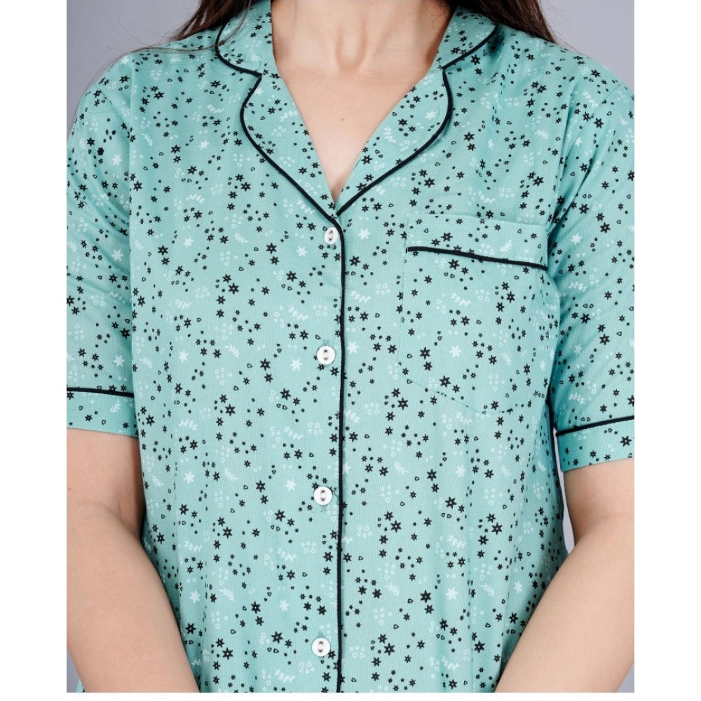 Green Viscose Rayon Printed Shirt & Pyjama Pant Night Suit Set - casual women's half-sleeve notch collar style with patterned fabric