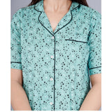 Green Viscose Rayon Printed Shirt & Pyjama Pant Night Suit Set - casual women's half-sleeve notch collar style with patterned fabric
