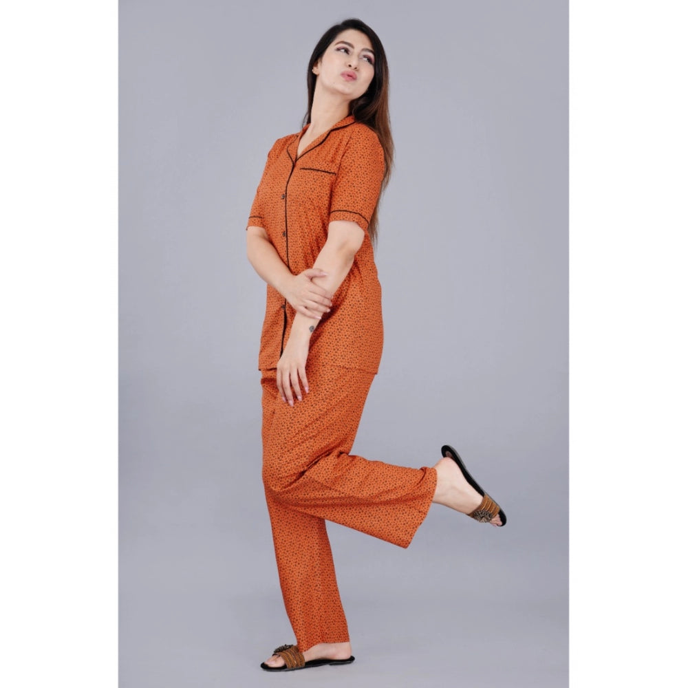 Brown viscose rayon printed casual half sleeve shirt set with pyjama pants night suit, notch collar & half sleeves