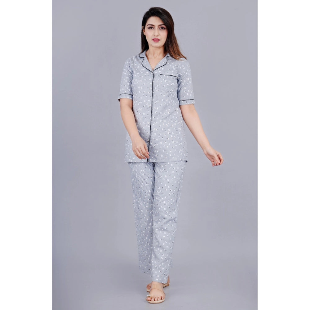 Grey Viscose Rayon women's casual half sleeve printed shirt with pyjama pant night suit set - notch collar & half sleeves