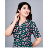 Teal viscose rayon women's casual half-sleeve printed nightshirt with pyjama pant set