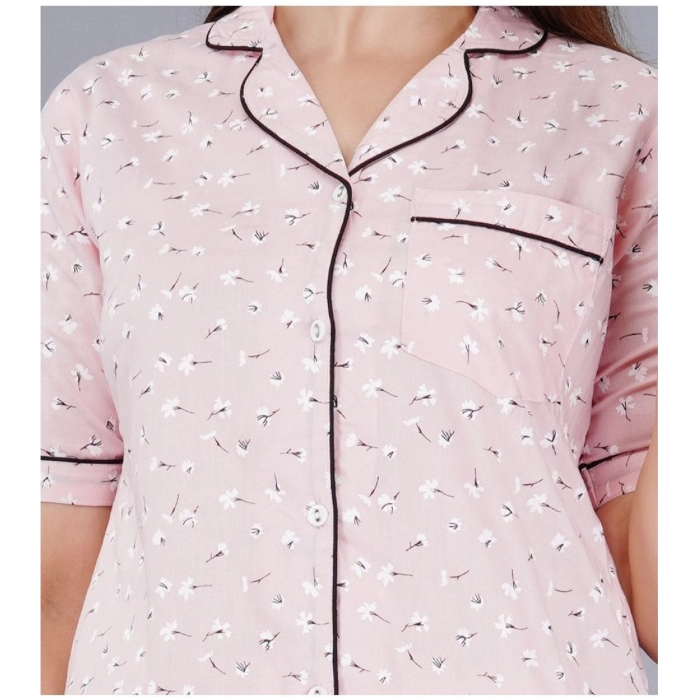 Pink viscose rayon shirt with pyjama pant night suit set, printed and half-sleeve, women's casual wear