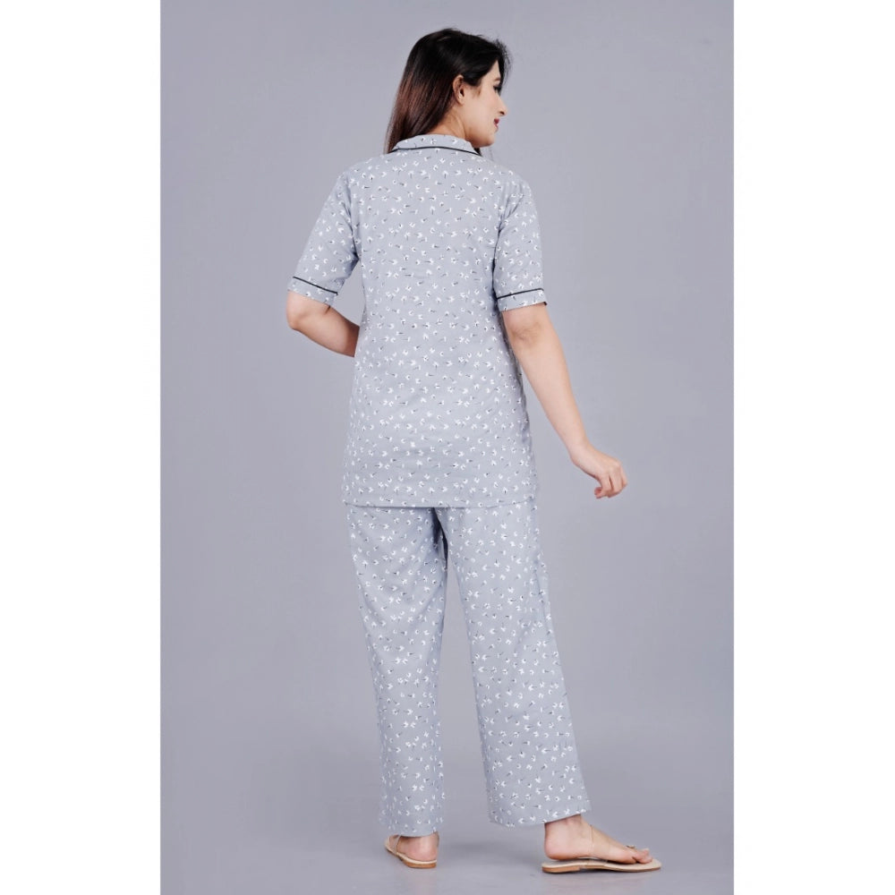 Grey viscose rayon printed half sleeve shirt with pyjama pant night suit set, notch collar style