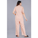 Peach viscose rayon casual shirt set with printed pyjama pants for women on display stand