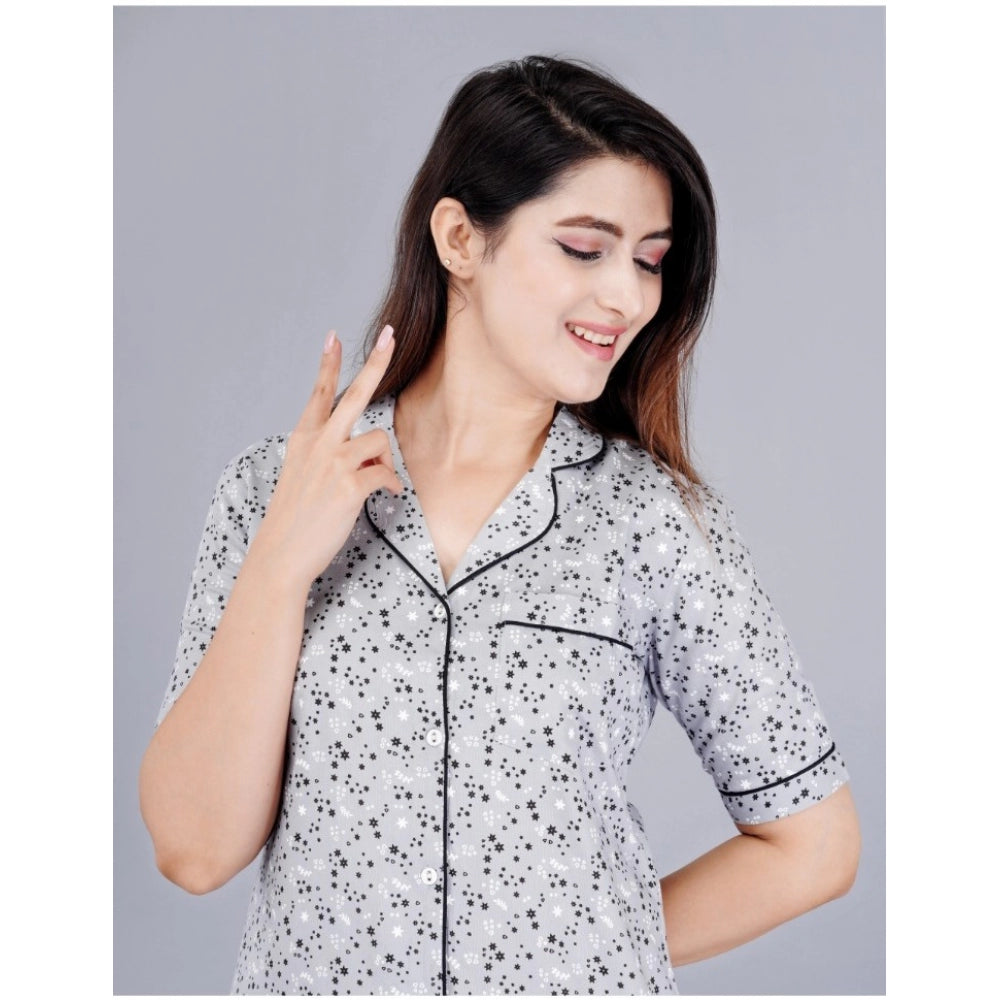 Grey viscose rayon printed half-sleeve shirt with pyjama pant night suit set - women's casual wear on model