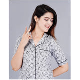 Grey viscose rayon printed half-sleeve shirt with pyjama pant night suit set - women's casual wear on model