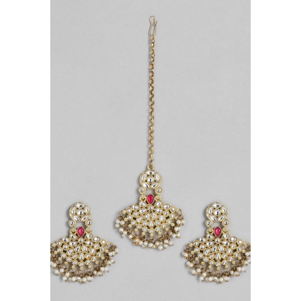 Women's Rose Gold Plated Alloy Kundan Earrings &amp; Mangtikka (White)