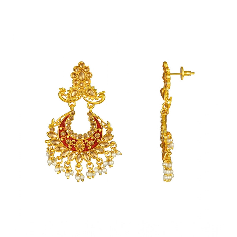 Rose gold alloy earrings, maroon kundan design with pearl accents.