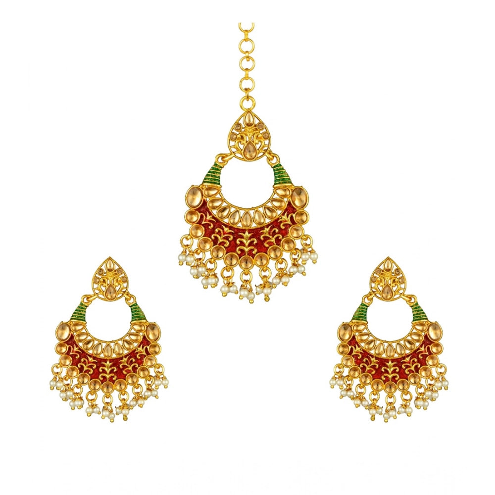 Women's Rose Gold Plated Alloy Kundan Earrings &amp; Mangtikka (Red &amp; Green)