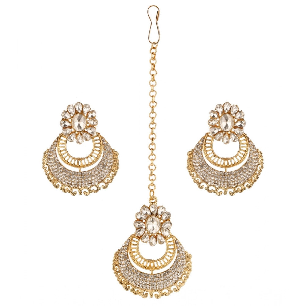 Women's Rose Gold Plated Alloy Kundan Earrings &amp; Mangtikka (White)