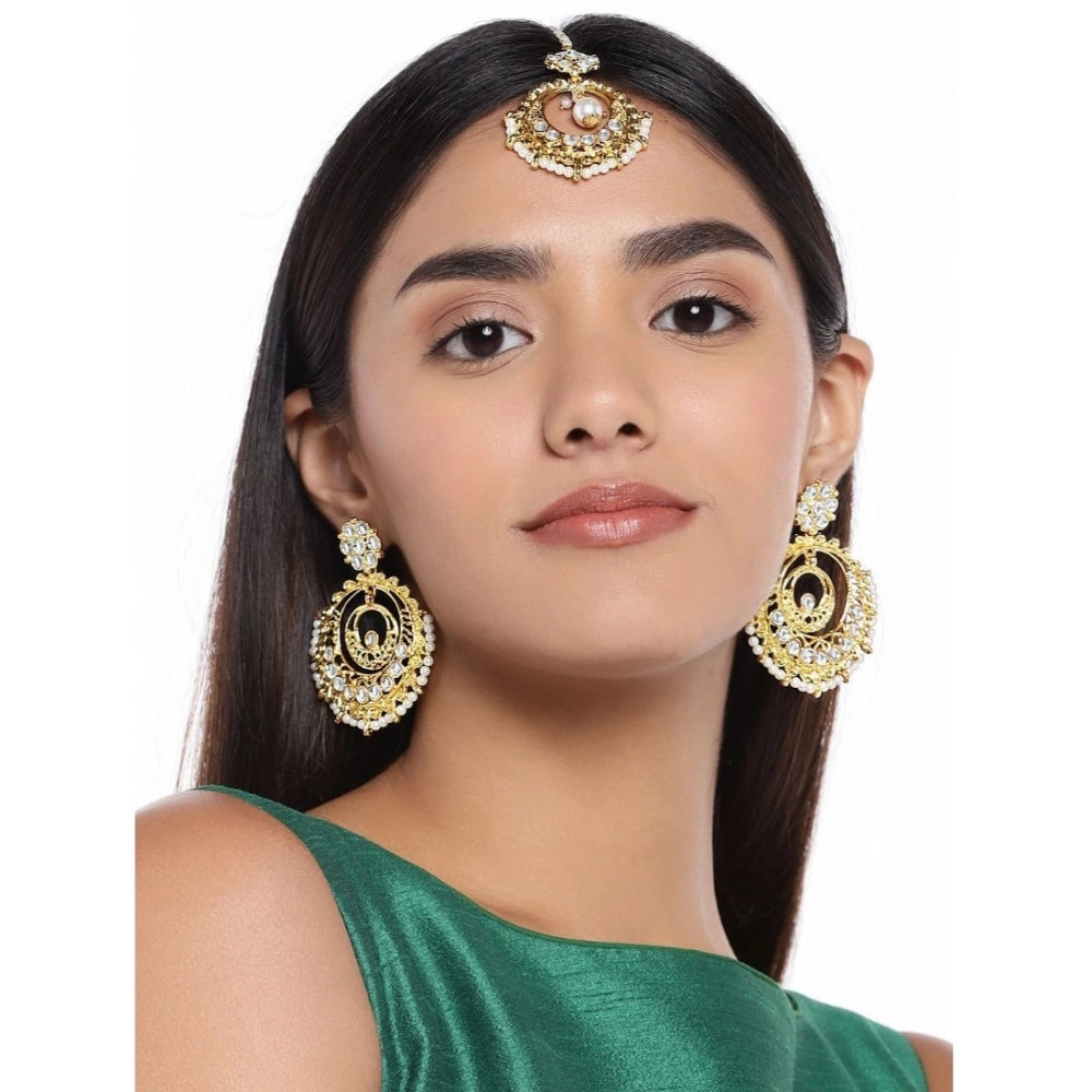Women's Rose Gold Plated Alloy Kundan Earrings &amp; Mangtikka (White)