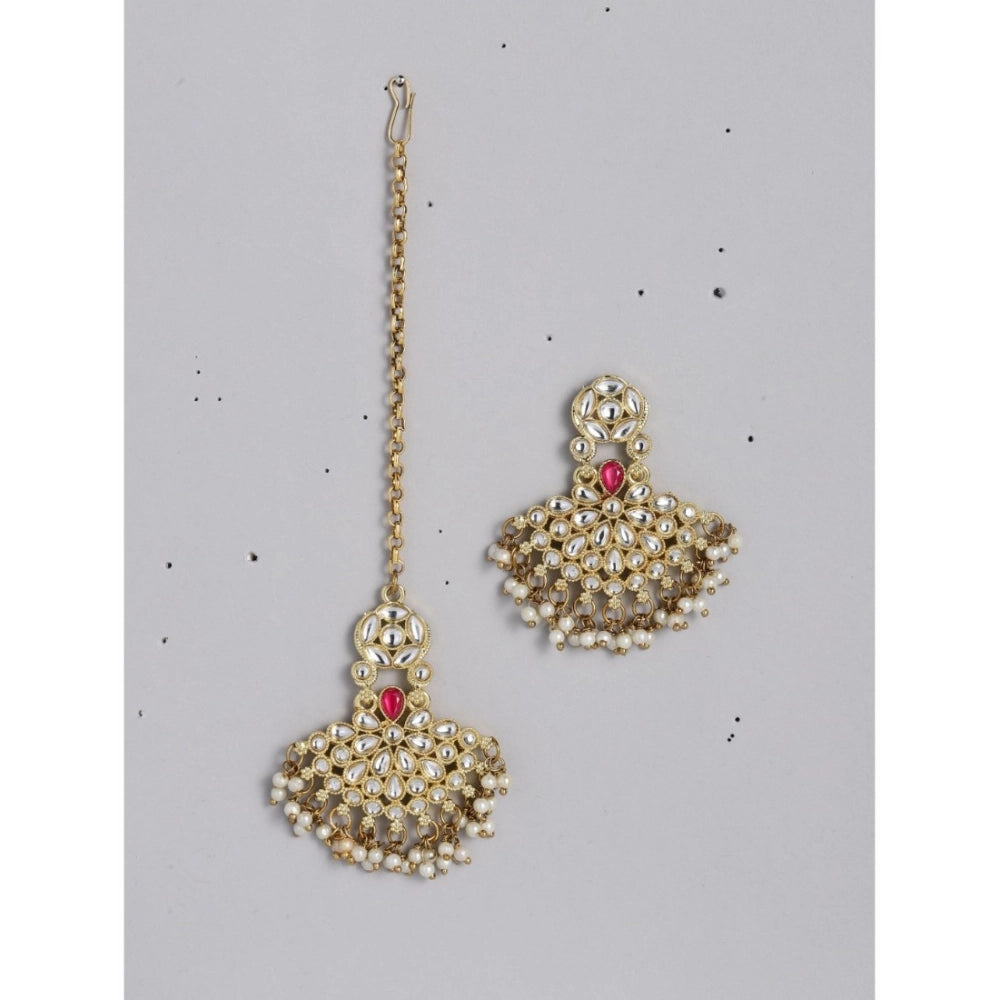Women's Rose Gold Plated Alloy Kundan Earrings &amp; Mangtikka (White)