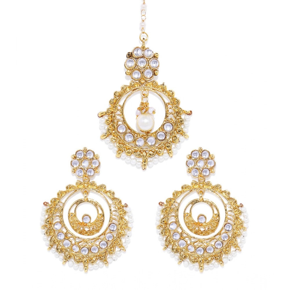 Women's Rose Gold Plated Alloy Kundan Earrings &amp; Mangtikka (White)