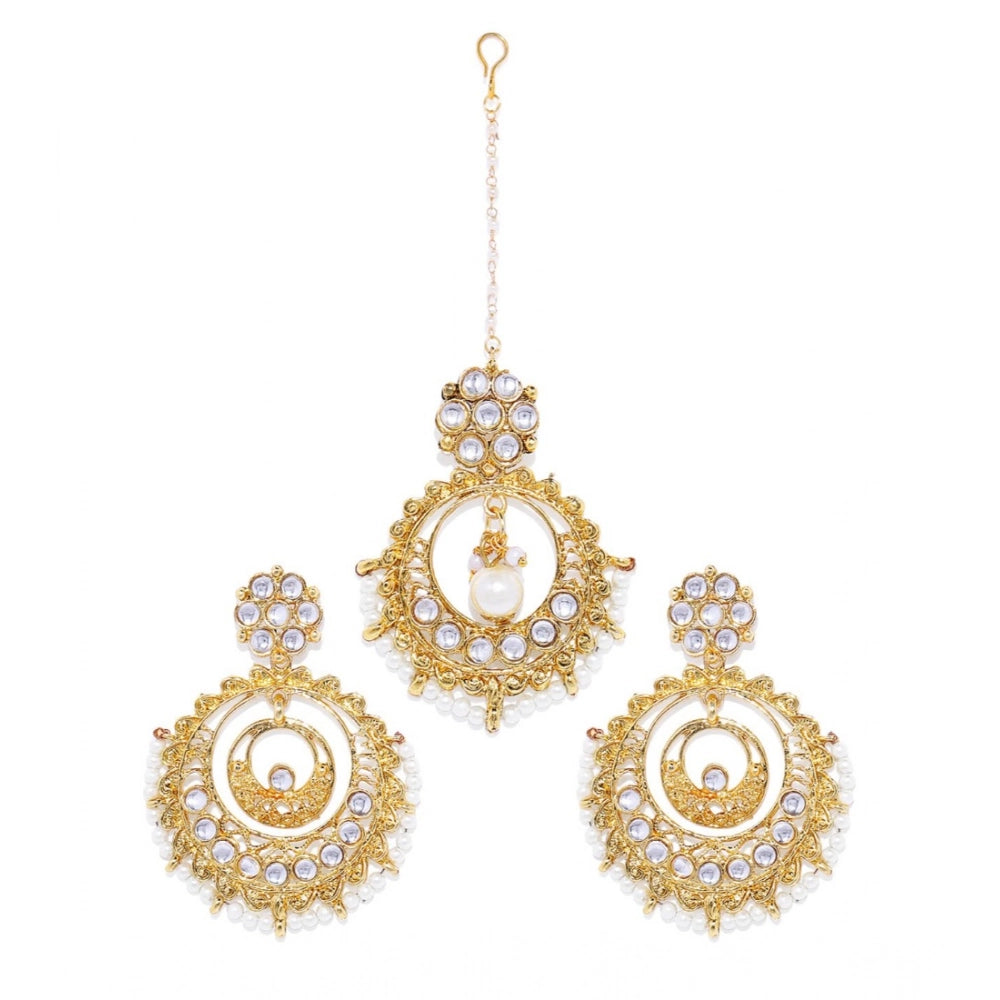 Women's Rose Gold Plated Alloy Kundan Earrings &amp; Mangtikka (White)