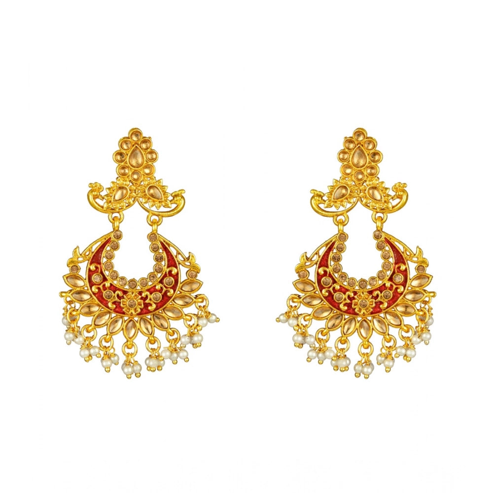 Rose gold alloy earrings, maroon kundan design with pearl accents.