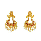 Rose gold alloy earrings, maroon kundan design with pearl accents.