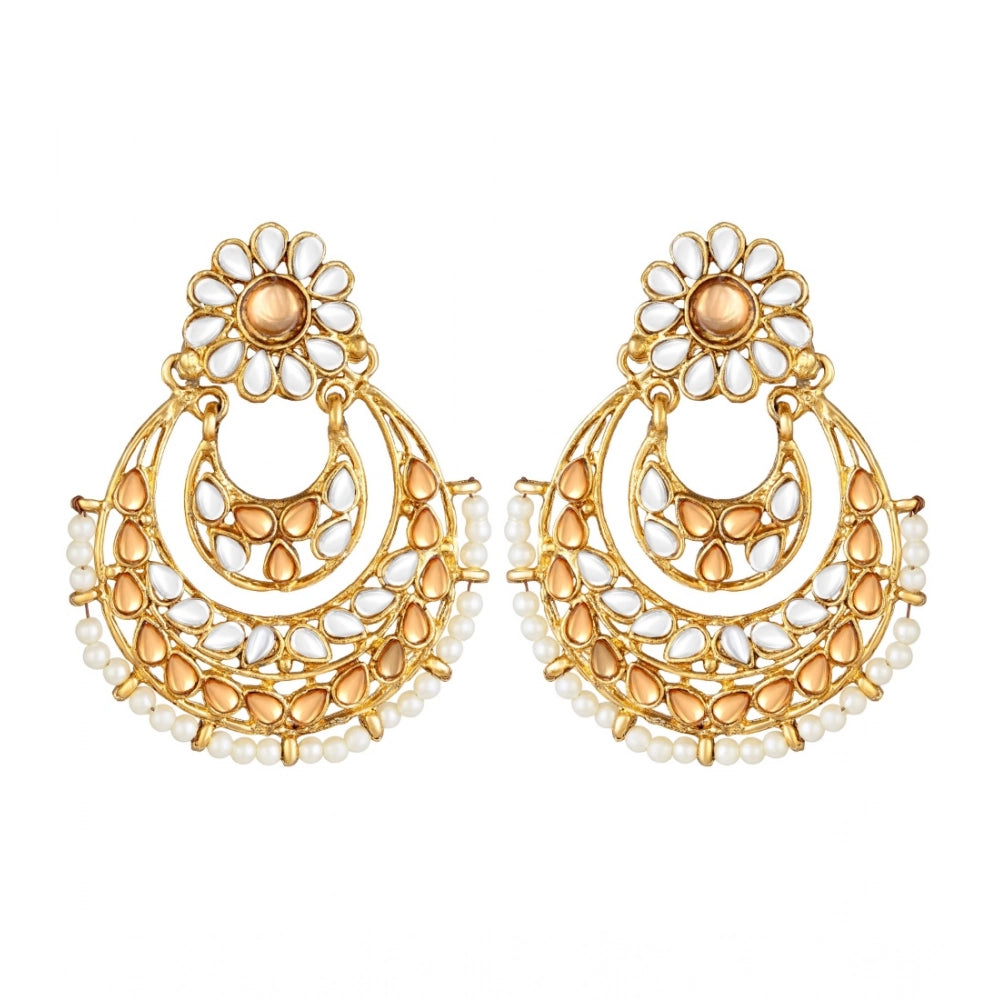Women's Rose Gold Plated Alloy Kundan Earrings &amp; Mangtikka (White &amp; Gold)