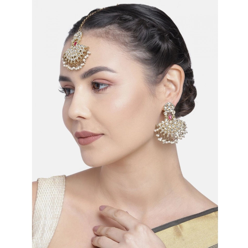 Women's Rose Gold Plated Alloy Kundan Earrings &amp; Mangtikka (White)