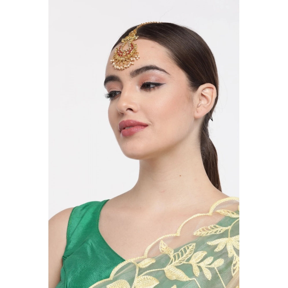 Rose gold alloy mangtikka & earrings, maroon & gold, kundan design.