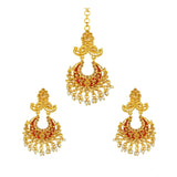 Rose gold alloy kundan earrings & mangtikka set. Maroon stones, intricate design.