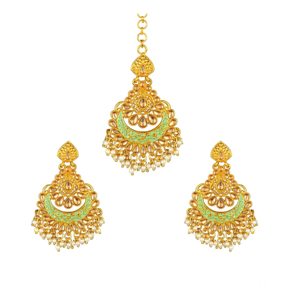 Women's Rose Gold Plated Alloy Kundan Earrings &amp; Mangtikka (Green)